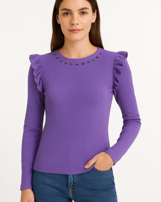 Γυναικεία μπλούζα με βολάν και πολύχρωμα στρας